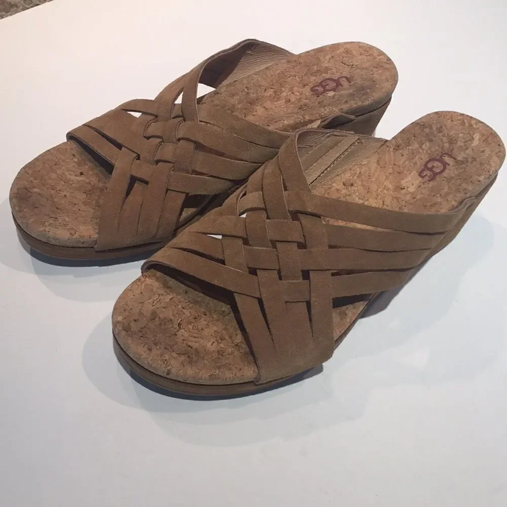 Ugg Shoes Lilah Tan Suede Wedge Sandals size 8